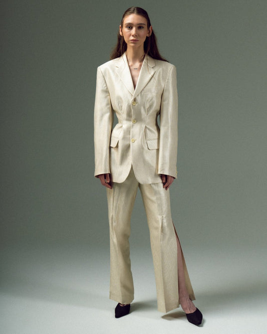 UPCYCLED FITTED CREASED JACKET with a man's shoulder