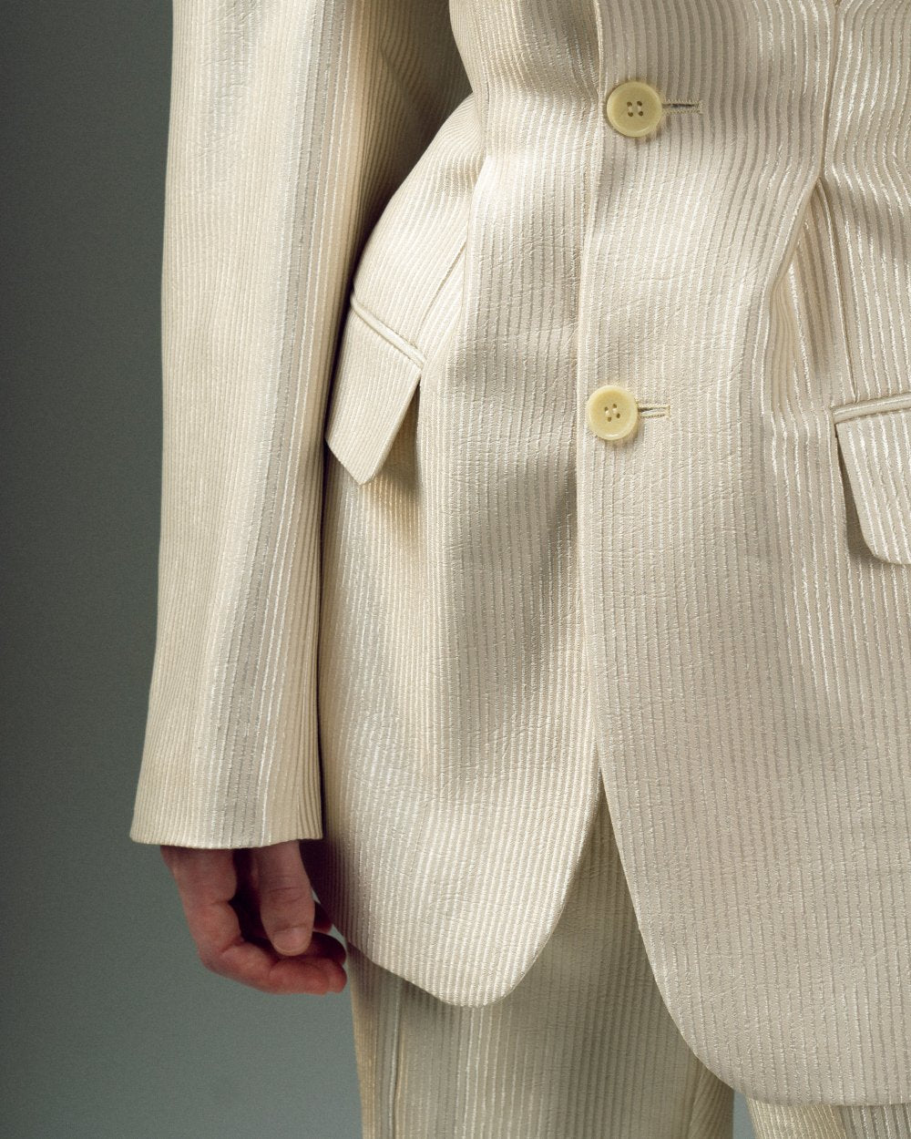 UPCYCLED FITTED CREASED JACKET with a man's shoulder