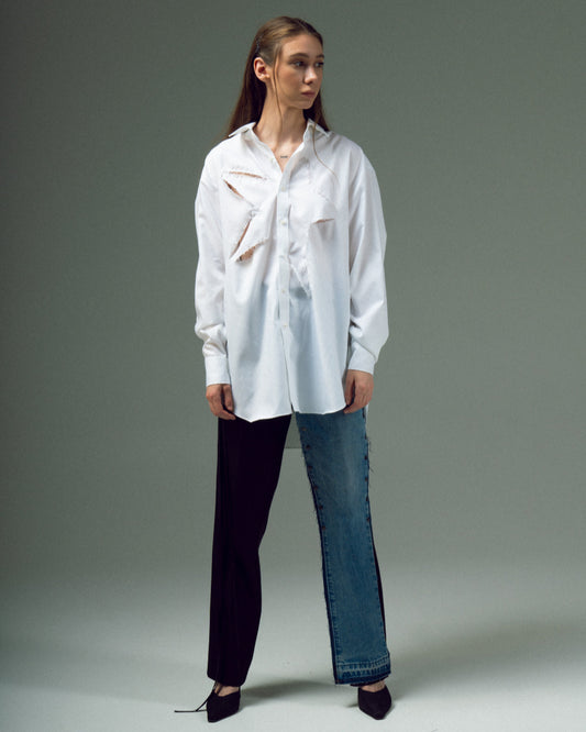 UPCYCLED SHIRT INFANTA with a man's shoulder