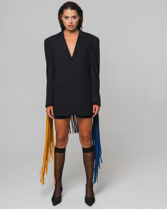 UPCYCLED JACKET WITH FRINGE with a man's shoulder