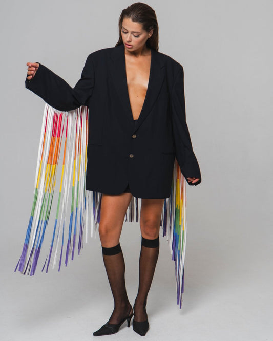 UPCYCLED JACKET WITH FRINGE with a man's shoulder